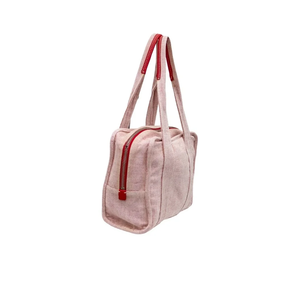 Rare Prada Misto Lino Handle Naturale Canvas Mini Shoulder Bag Red Pink Tote - Picture 5 of 16